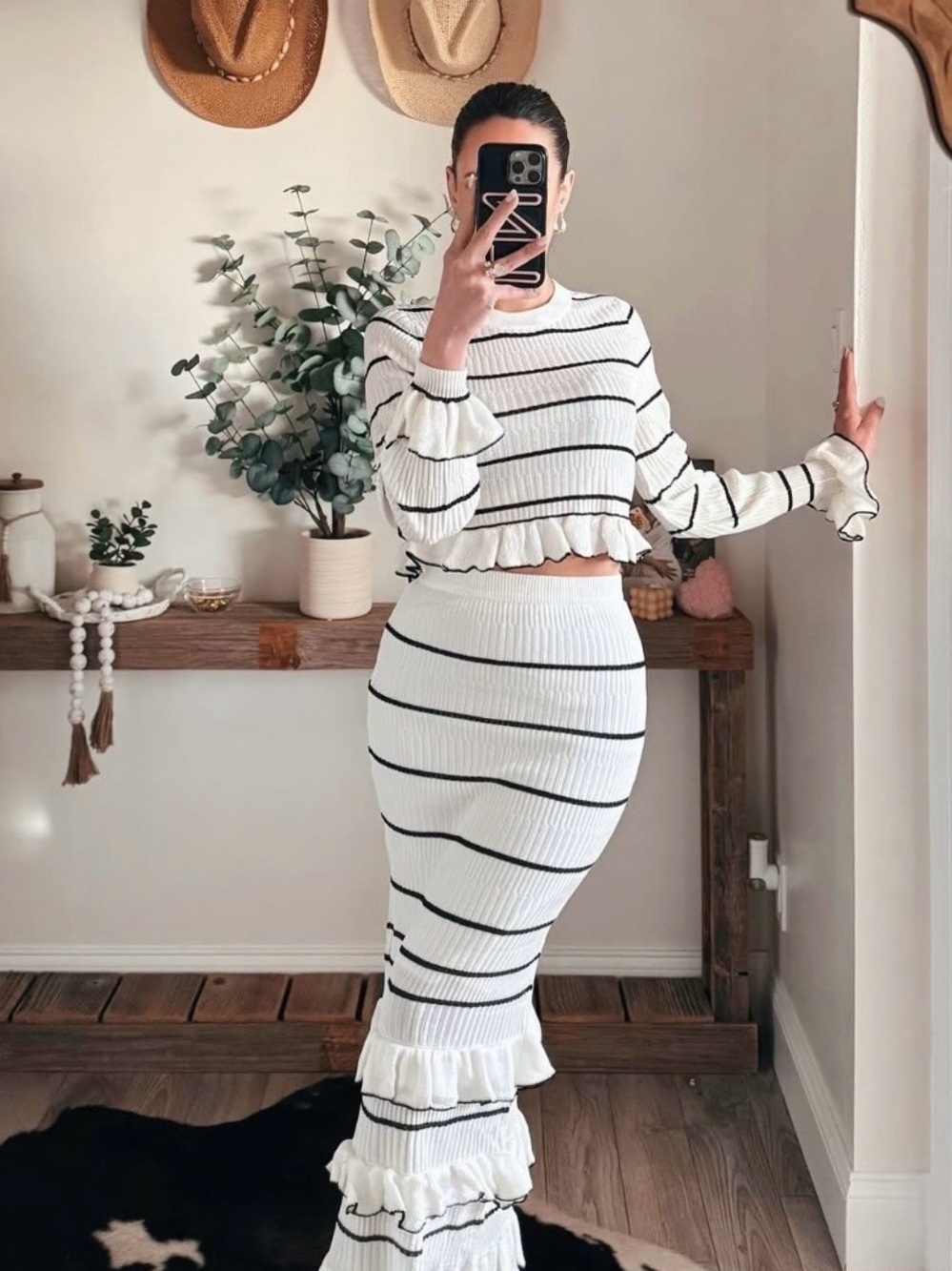 Stripe Knit Crop And Midi Skirt Set